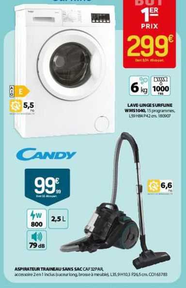 lave-linge surfline, aspirateur traîneau sans sac candy