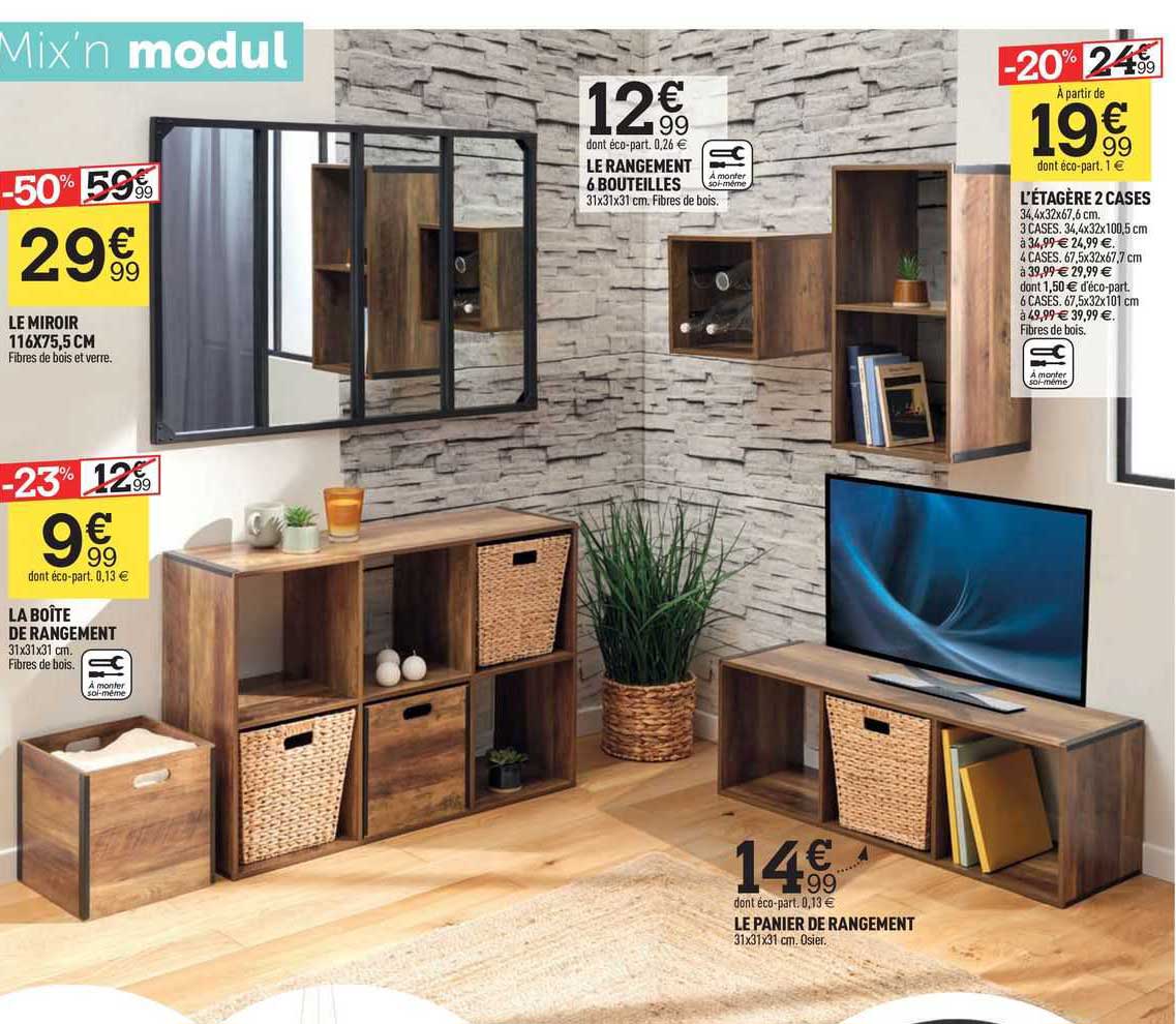 le miroir 116 x 75,5 cm, la boîte de rangement, l'étagère 2 cases, le panier de rangement, le rangement 6 bouteilles