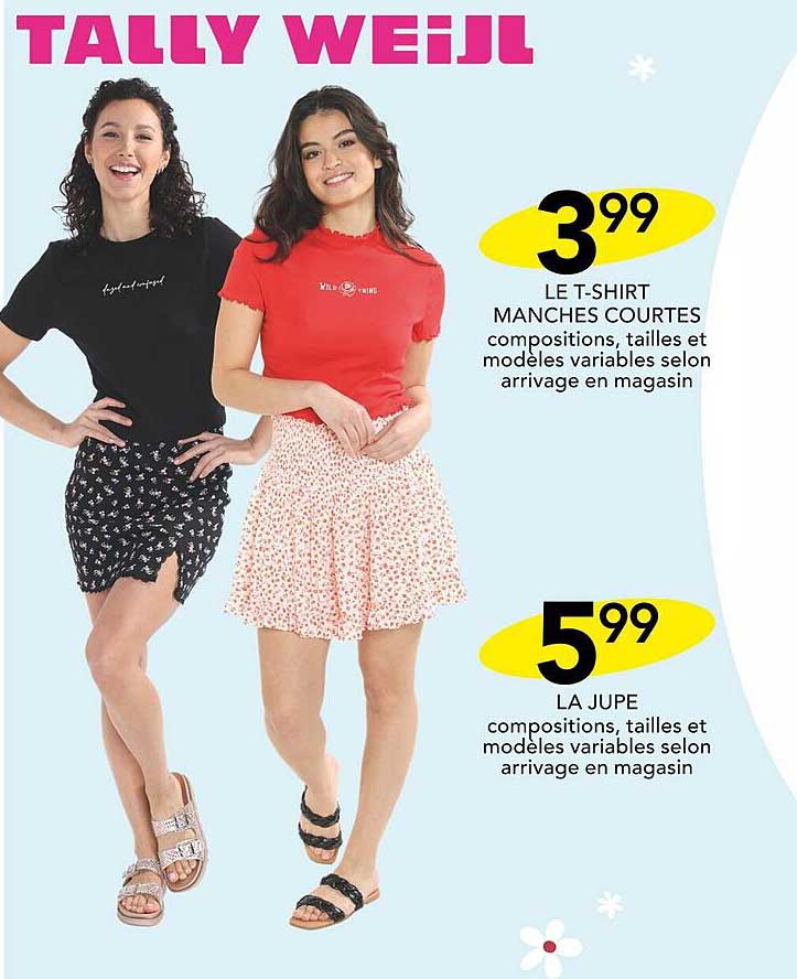 le t-shirt manches courtes, la jupe