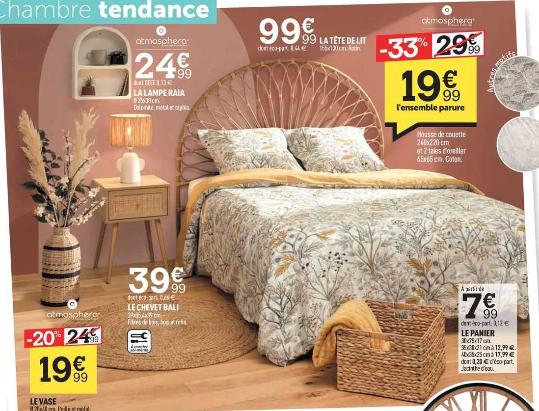 le vase, le chevet bali, le panier, l'ensemble parure, la lampe raia