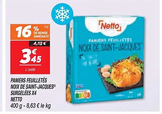 paniers feuilletés noix de saint-jacques surgelées x4 netto