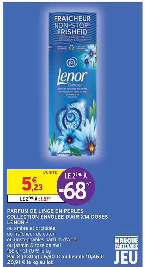 parfum de linge en perles collection envolée d'air x14 doses lenor