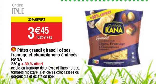 pâtes grandi girasoli cèpes, fromage et champignons émincés rana