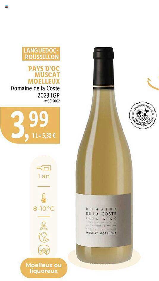 pays d'oc muscat moelleux domaine de la coste 2023 igp