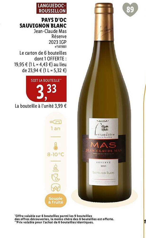 pays d'oc sauvignon blanc jean-claude mas réserve 2023 igp