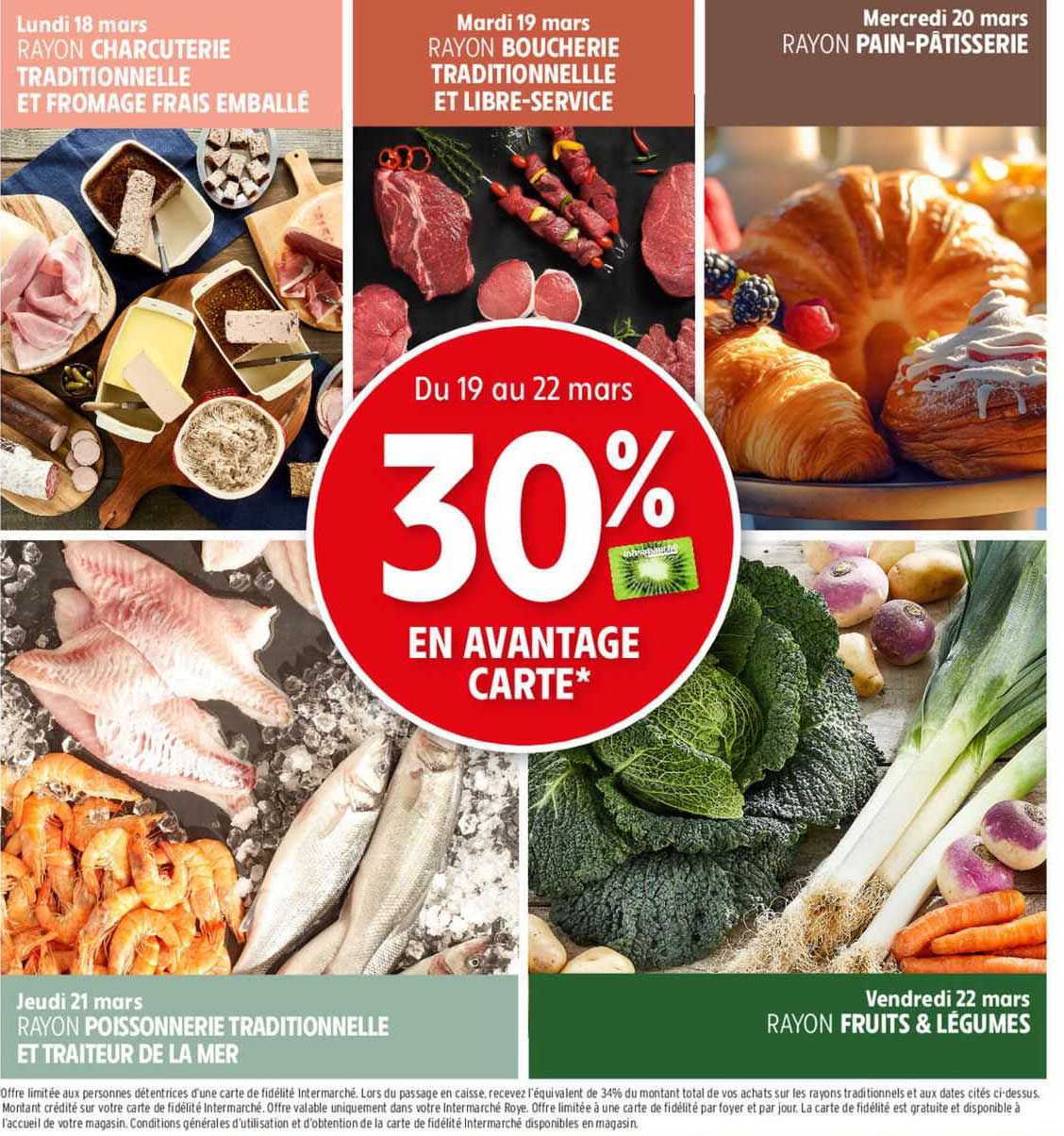 rayon charcuterie traditionnelle et fromage frais emballé, rayon boucherie traditionnelle et libre-service, rayon pain-pâtisserie, rayon poissonnerie traditionnelle et traiteur de la mer, rayon fruits