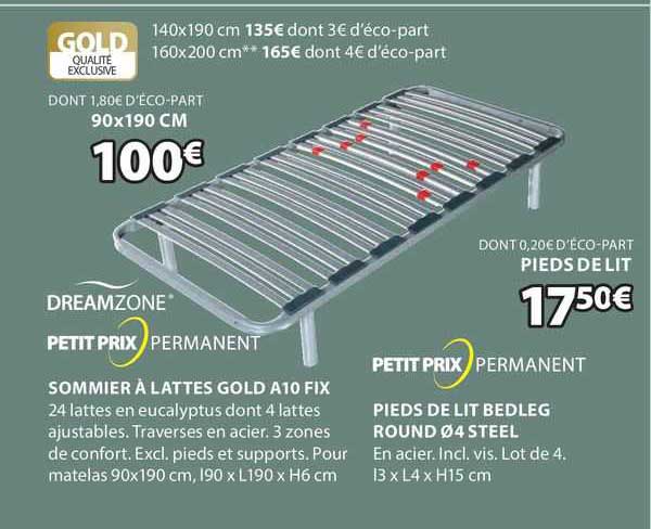 sommier à lattes gold a10 fix dreamzone, pieds de lit bedleg round ø 4 steel