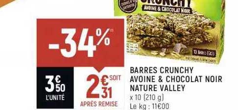 barres crunchy avoine & chocolat noir nature valley