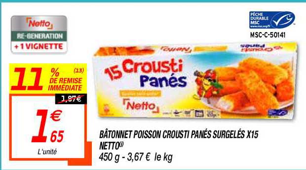 bâtonnets poisson crousti panés surgelés x15 netto