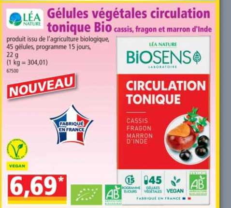 gélules végétales circulation tonique bio cassis, fragon et marron d'inde léa nature