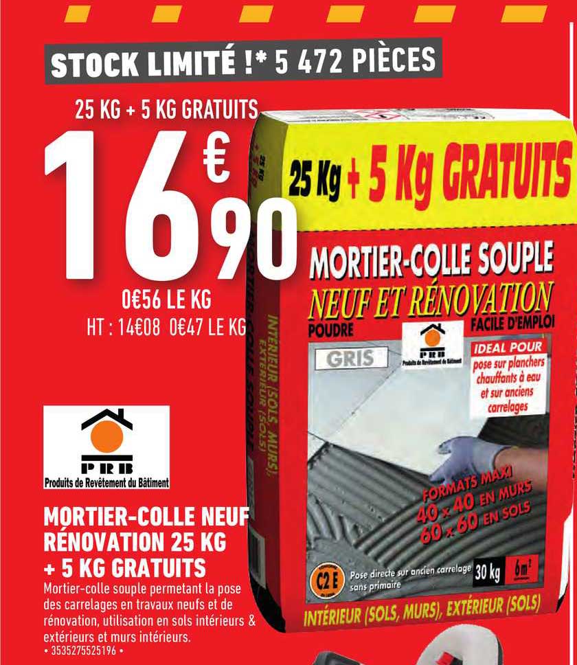 mortier-colle neuf rénovation 25 kg + 5 kg gratuits