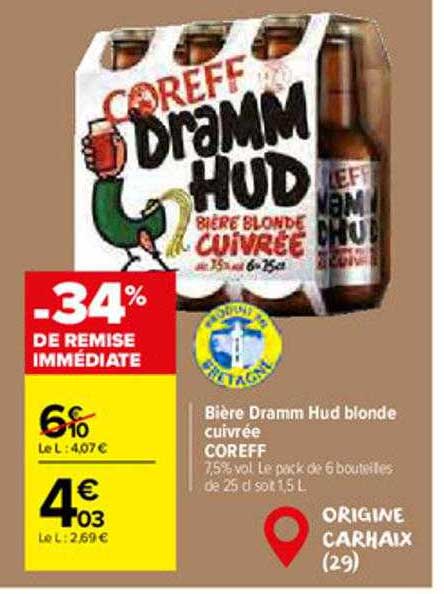 bière dramm hud blonde cuivrée coreff