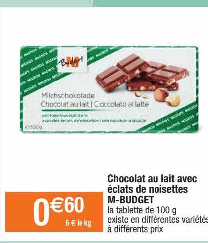 chocolat au lait avec éclats de noisettes m-budget