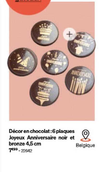 décor en chocolat: 6 plaques joyeux anniversaire noir et bronze 4,5 cm