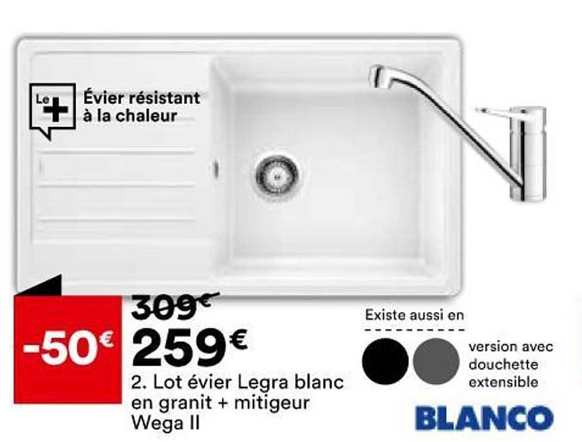 lot évier legra blanc en granit + mitigeur wega II blanco