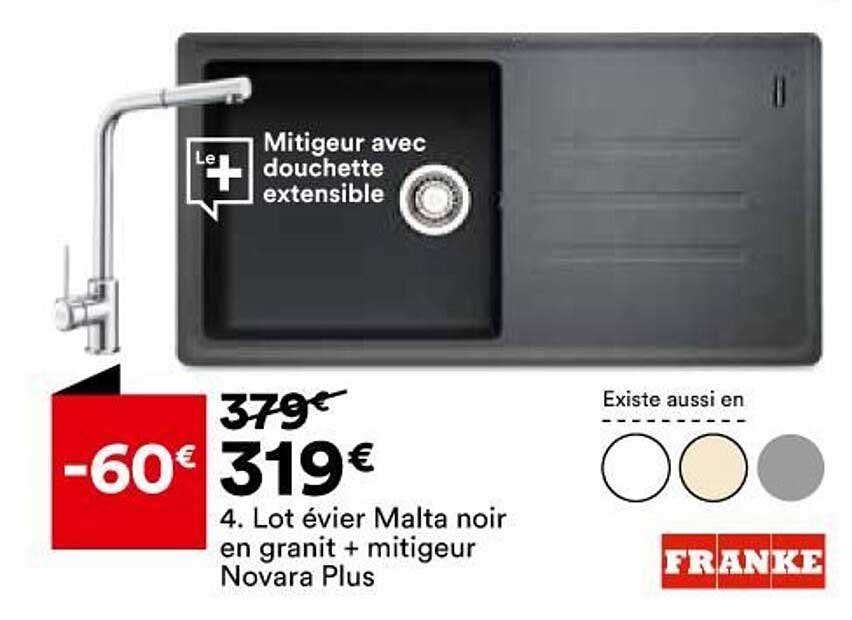 lot évier malta noir en granit + mitigeur novara plus franke