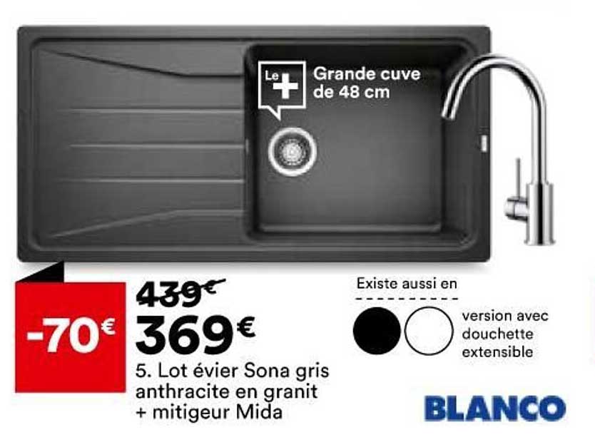 lot évier sona gris anthracite en granit + mitigeur mida blanco