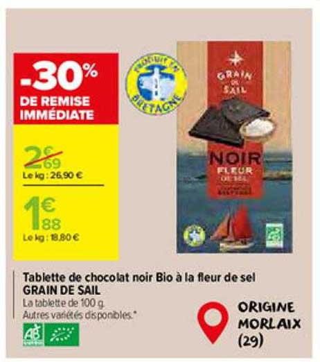 tablette de chocolat noir bio à la fleur de sel grain de sail