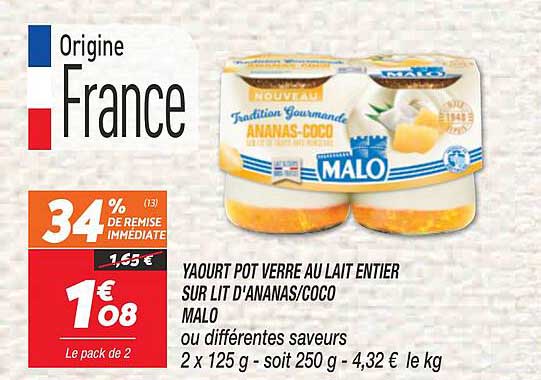 yaourt pot verre au lait entier sur lit d'ananas - coco malo