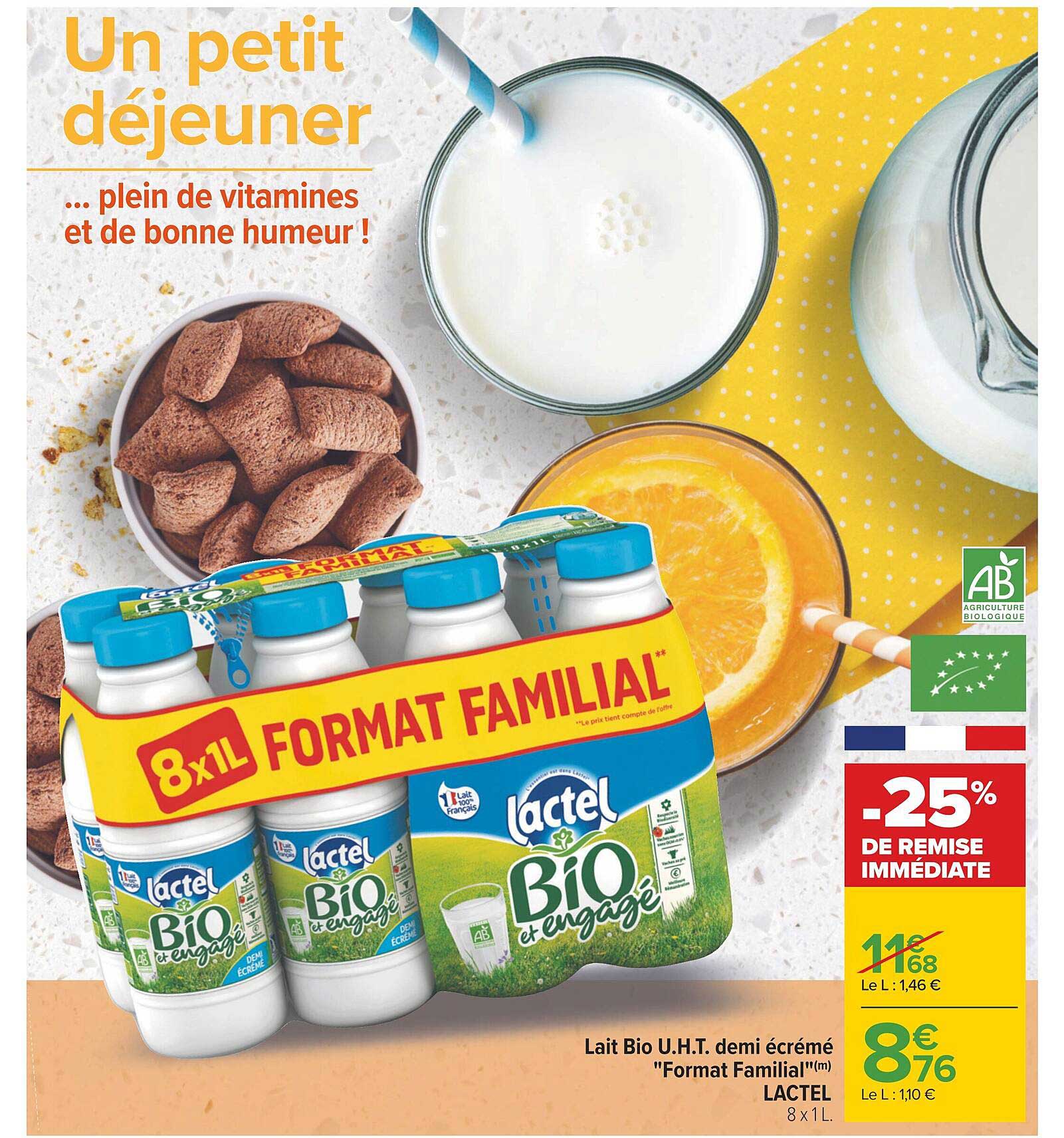 lait bio u.h.t. demi écrémé "format familial" lactel