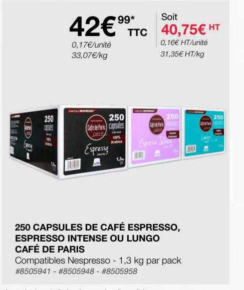 250 Capsules De Café Espresso, Espresso Intense Ou Lungo Café De Paris