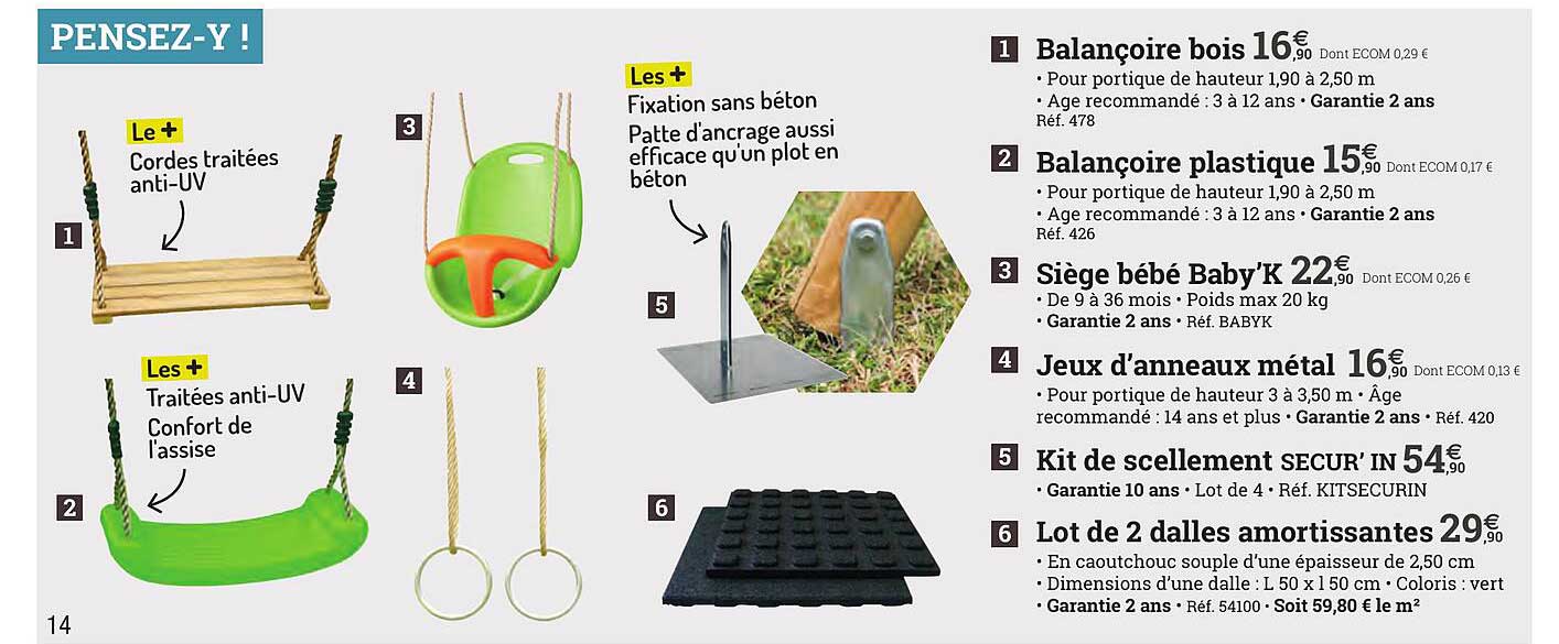 balançoire bois, balançoire plastique, siège bébé baby'k, jeux d'anneaux métal, kit de scellement secur'in, lot de 2 dalles amortissantes