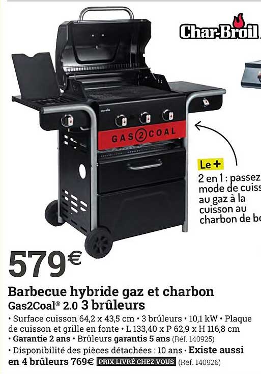 barbecue hybride gaz et charbon gas2coal 2.0 3 brûleurs char-broil