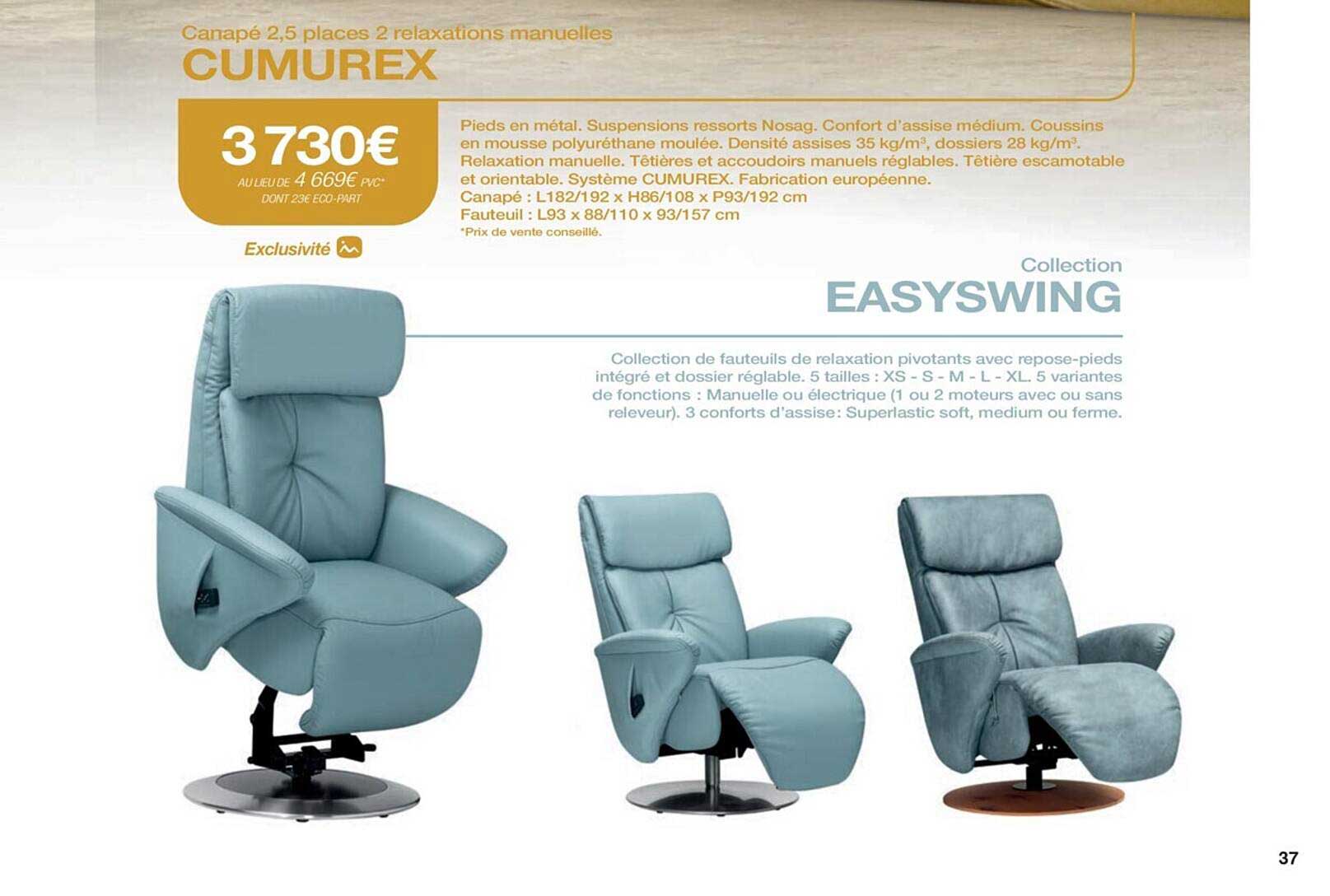 canapé 2,5 places 2 relaxations manuelles cumurex