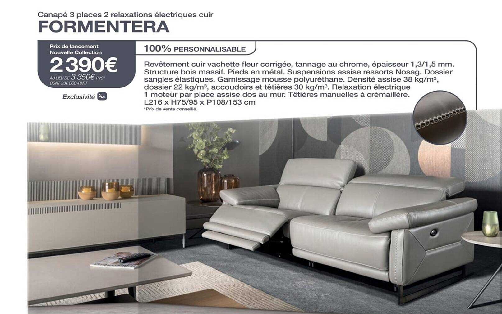 canapé 3 places 2 relaxations électriques cuir formentera
