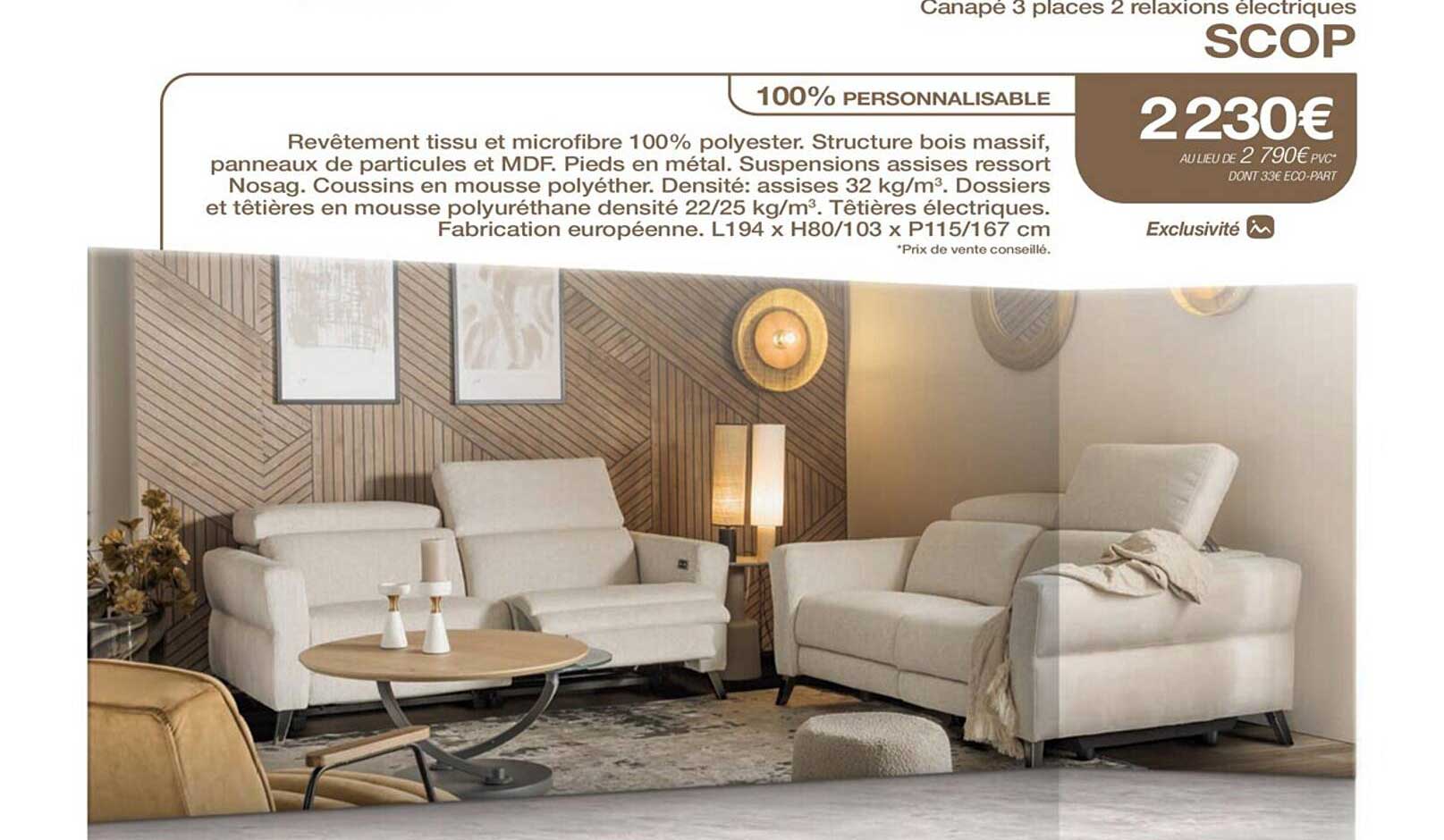 canapé 3 places 2 relaxations électriques scop