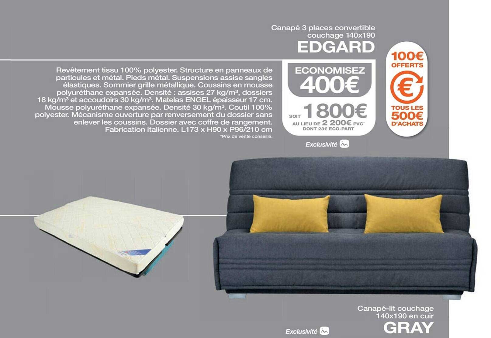 canapé 3 places convertible couchage 140 x 190 edgard