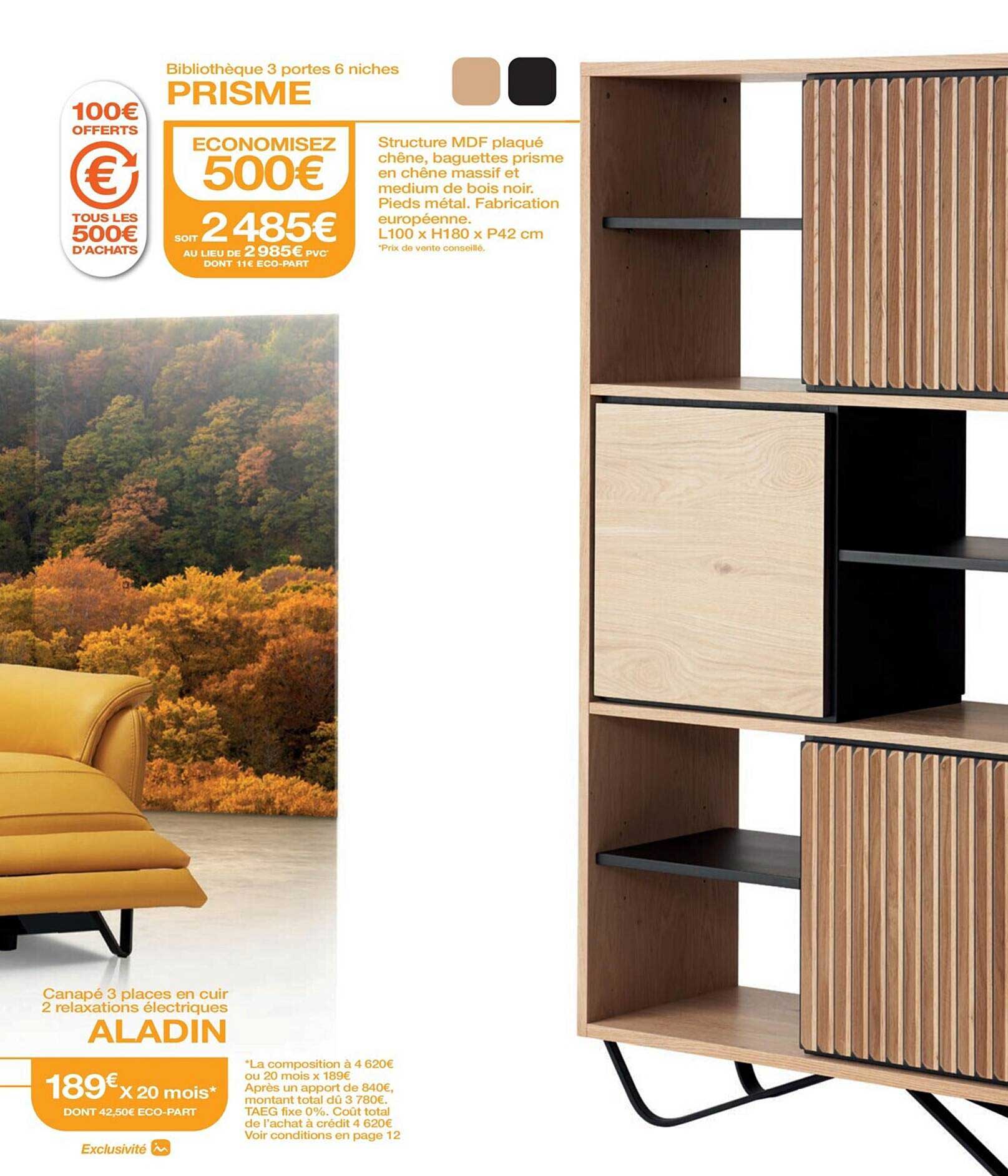 canapé 3 places en cuir 2 relaxations électrique aladin, bibliothèque 3 portes 6 niches prisme