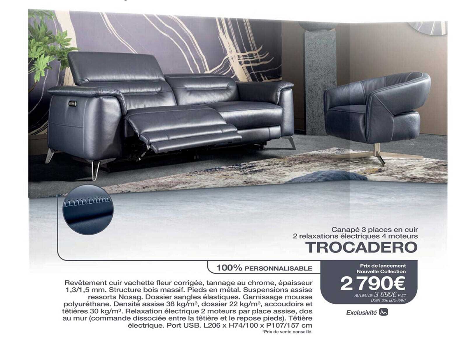 canapé 3 places en cuir 2 relaxations électriques 4 moteurs trocadero