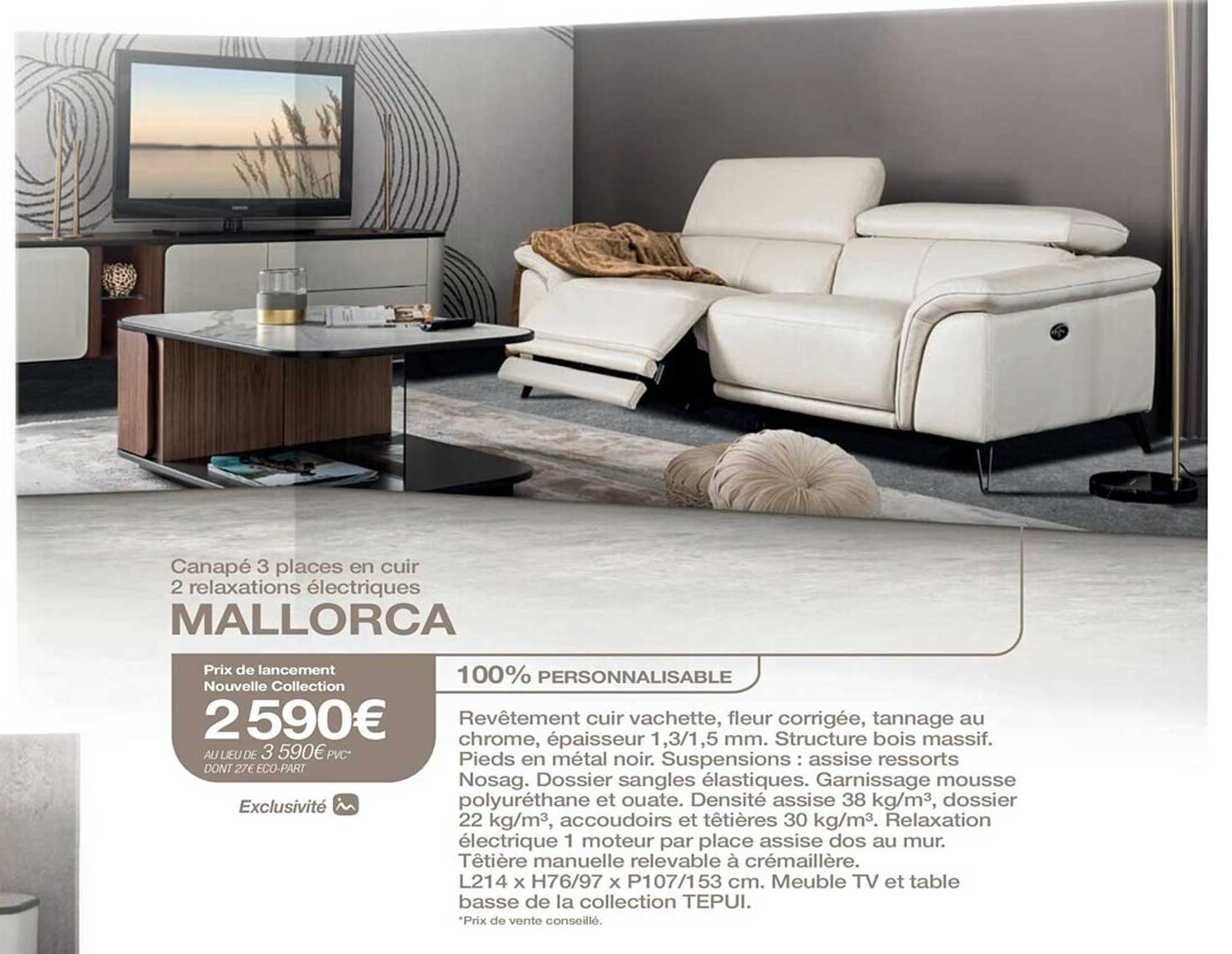 canapé 3 places en cuir 2 relaxations électriques mallorca