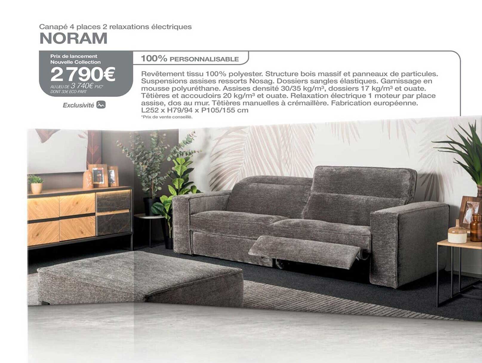 canapé 4 places 2 relaxations électriques noram