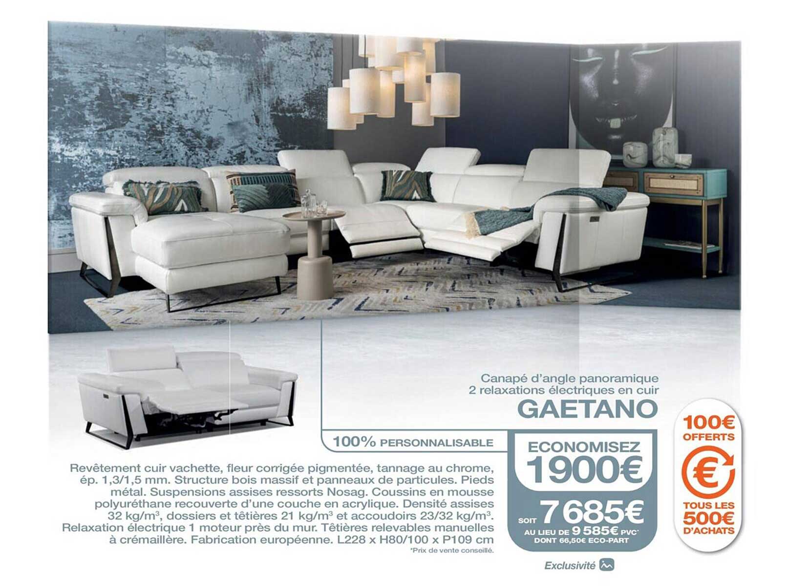 canapé d'angle panoramique 2 relaxations électriques en cuir gaetano