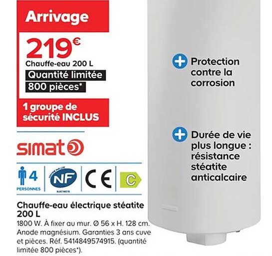 chauffe-eau électrique stéatite 200 l simat