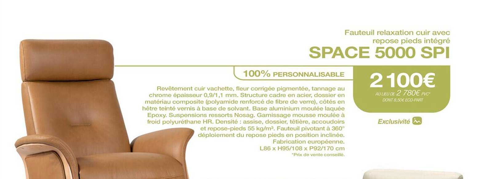 fauteuil relaxation cuir avec repose-pieds intégré space 5000 spi