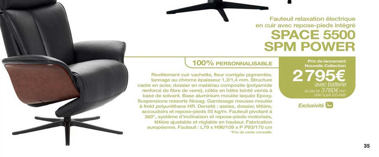fauteuil relaxation électrique en cuir avec repose-pieds intégré space 5500 spm power