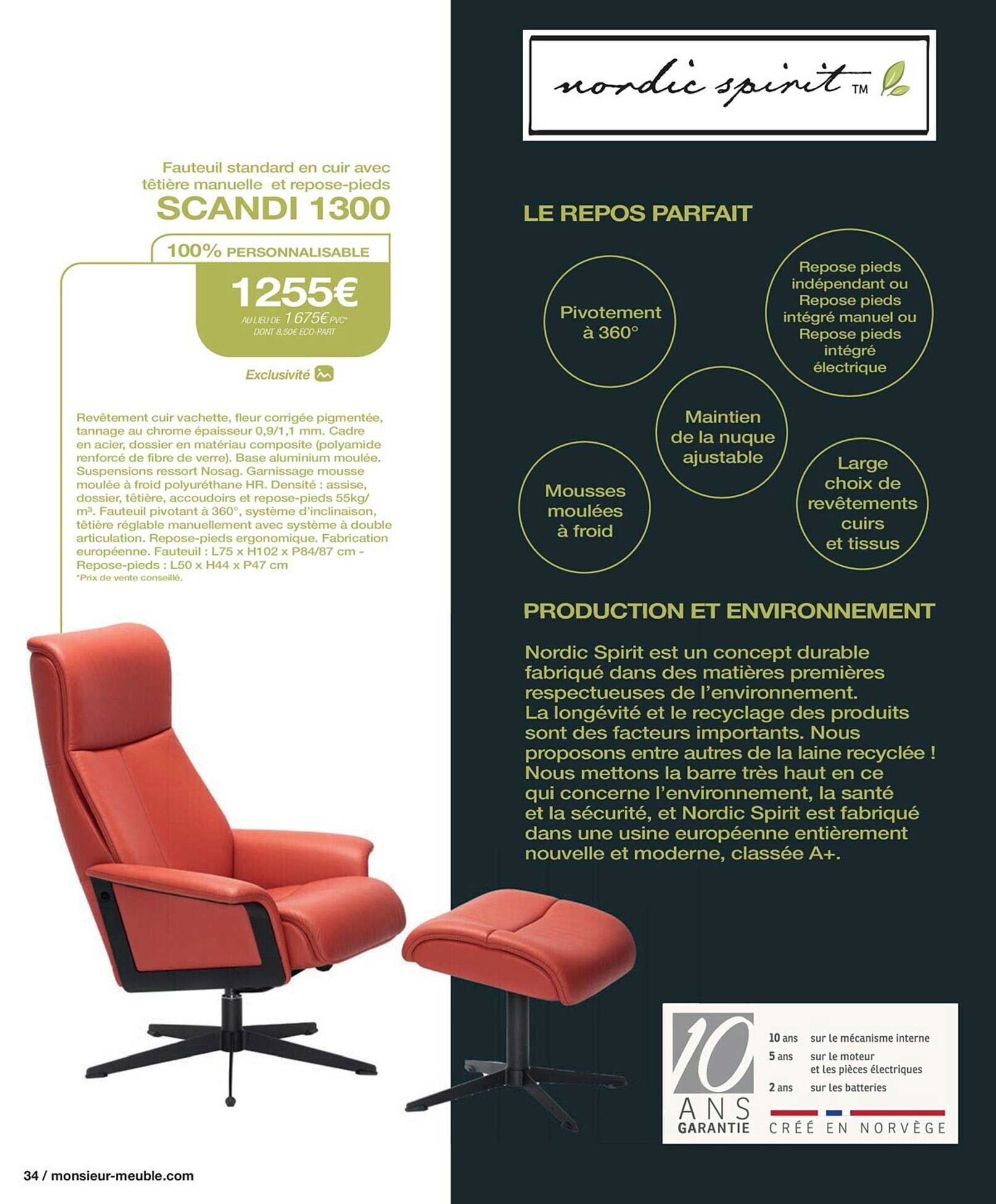 fauteuil standard en cuir avec têtière manuelle et repose-pieds scandi 1300