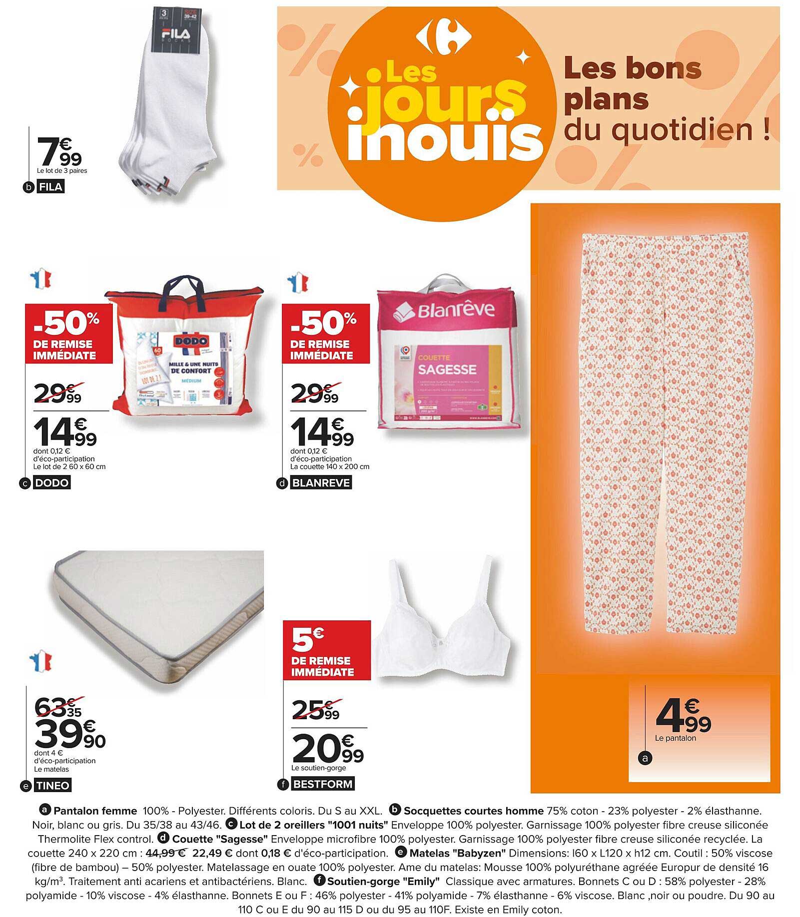 pantalon femme, socquettes courtes homme, lot de 2 oreillers "1001 nuits", couette "sagesse", matelas "babyzen", soutien-gorge "emily"