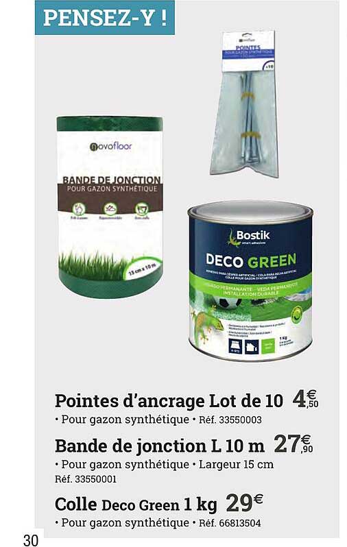 pointes d'ancrage lot de 10, bande de jonction l 10m, colle déco green 1 kg