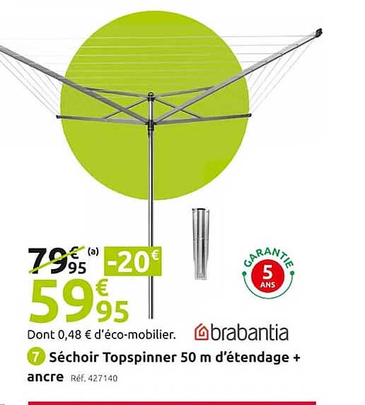 séchoir topspinner 50 m d'étendage + ancre brabantia