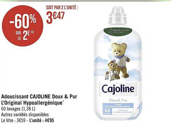 Adoucissant Cajoline Doux & Pur L'original Hypoallergénique