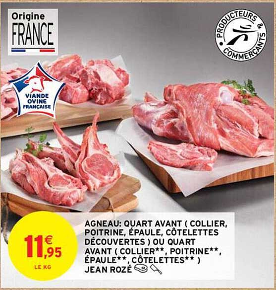 agneau : quart avant (collier, poitrine, épaule, côtelettes découvertes) ou quart avant (collier**, poitrine**, épaule**, côtelettes**) jean rozé