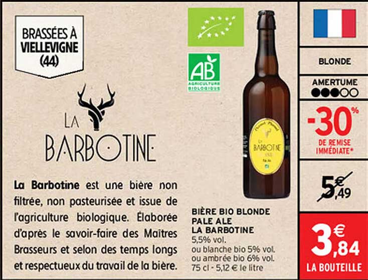 Bière Bio Blonde Pale Ale La Barbotine 5,5% Vol