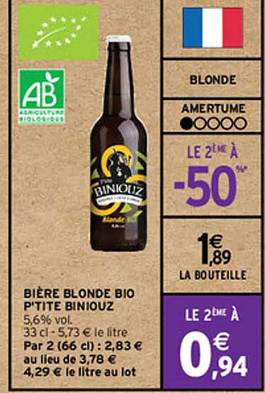 bière blonde bio p'tite biniouz 5,6% vol
