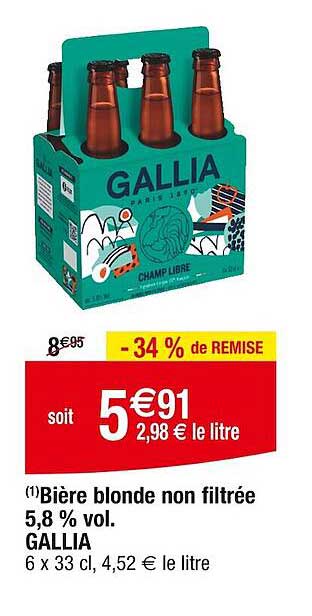 bière blonde non filtrée 5,8% vol. gallia