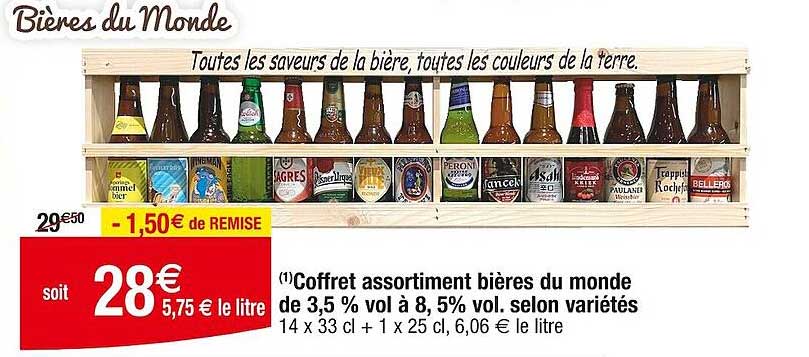 coffret assortiment bières du monde de 3,5% vol. à 8,5% vol. selon variétés