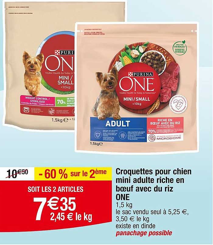 croquettes pour chien mini adulte riche en bœuf avec du riz one